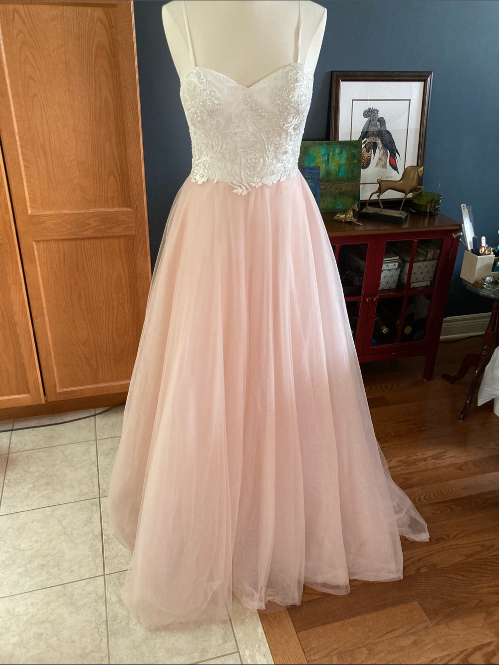Women’s Blush Tulle Wedding Gown with Ivory Lace Bodice Bridal Sz 12